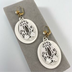 Vintage West Germany White Enamel Filigree Dangle Earrings Hoop Setting Bridal